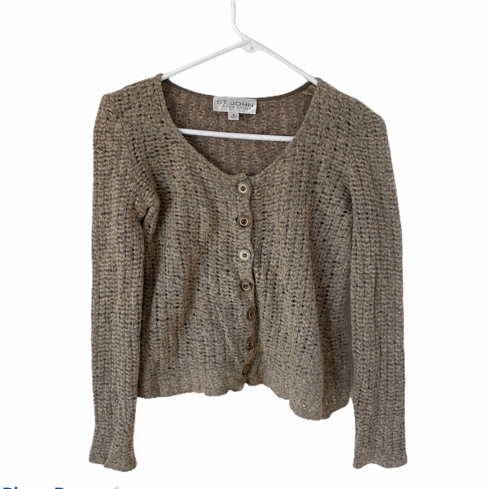 St. John Collection Knit Cardigan Sweater Brown Khaki Button Front Quiet Luxury